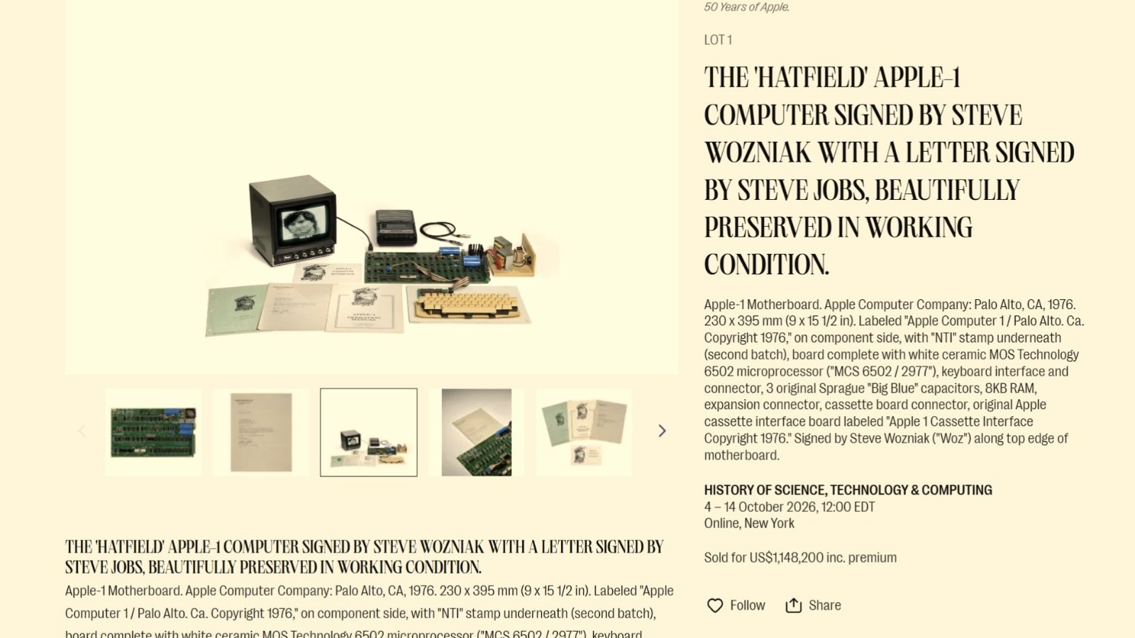 Ce fameux Apple 1 a été vendu hier aux enchères à New York et a largement dépassé le million de dollars. ©Bonhams