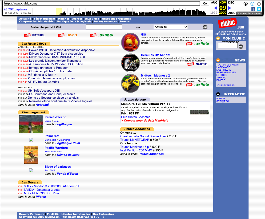 La homepage de Clubic le 9 novembre 2000.