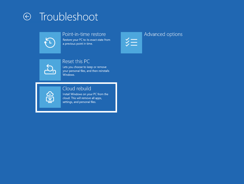 La fonction Cloud Rebuild (Reconstruction du cloud en français) est disponible dans l'environnement de récupération Windows pour les insiders membres du canal Experimental. © Microsoft