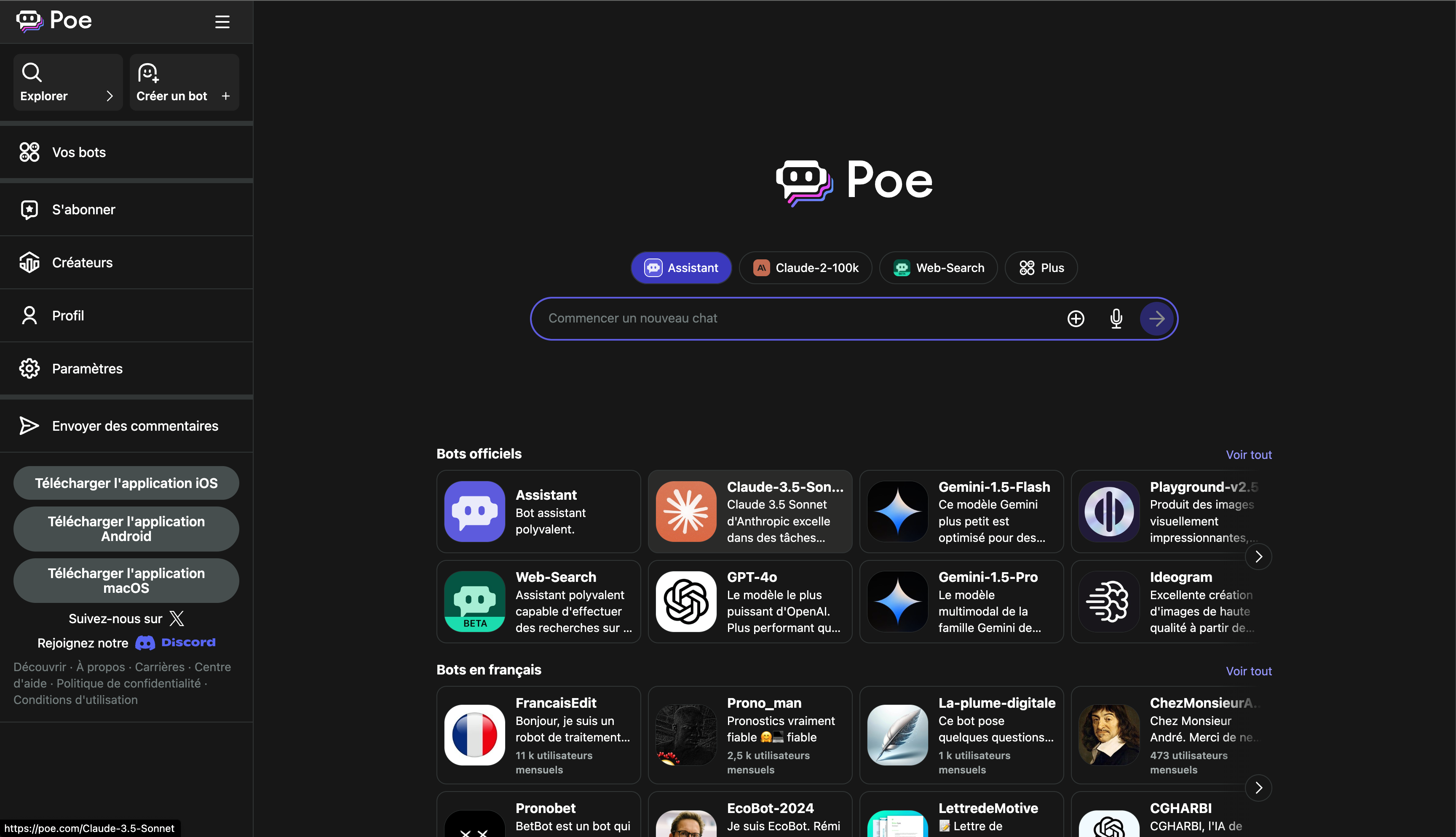 Page d'accueil de Poe, présentant divers bots officiels et de la communauté pour différentes tâches.