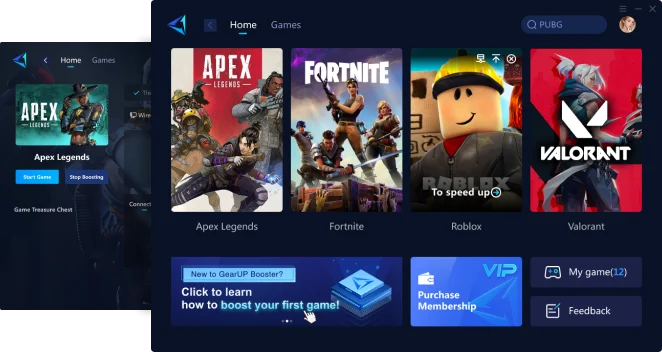 GearUP permet de sélectionner un jeu compatible avant d’activer son accélération réseau, avec notamment Apex Legends, Fortnite, Roblox ou Valorant. © GearUP Portal Pte. Ltd.