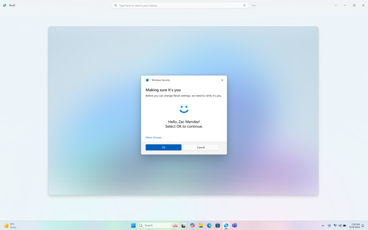Windows Recall est lié à Windows Hello pour garantir que vous seul puissiez y accéder et réinitialiser ses paramètres. © Microsoft