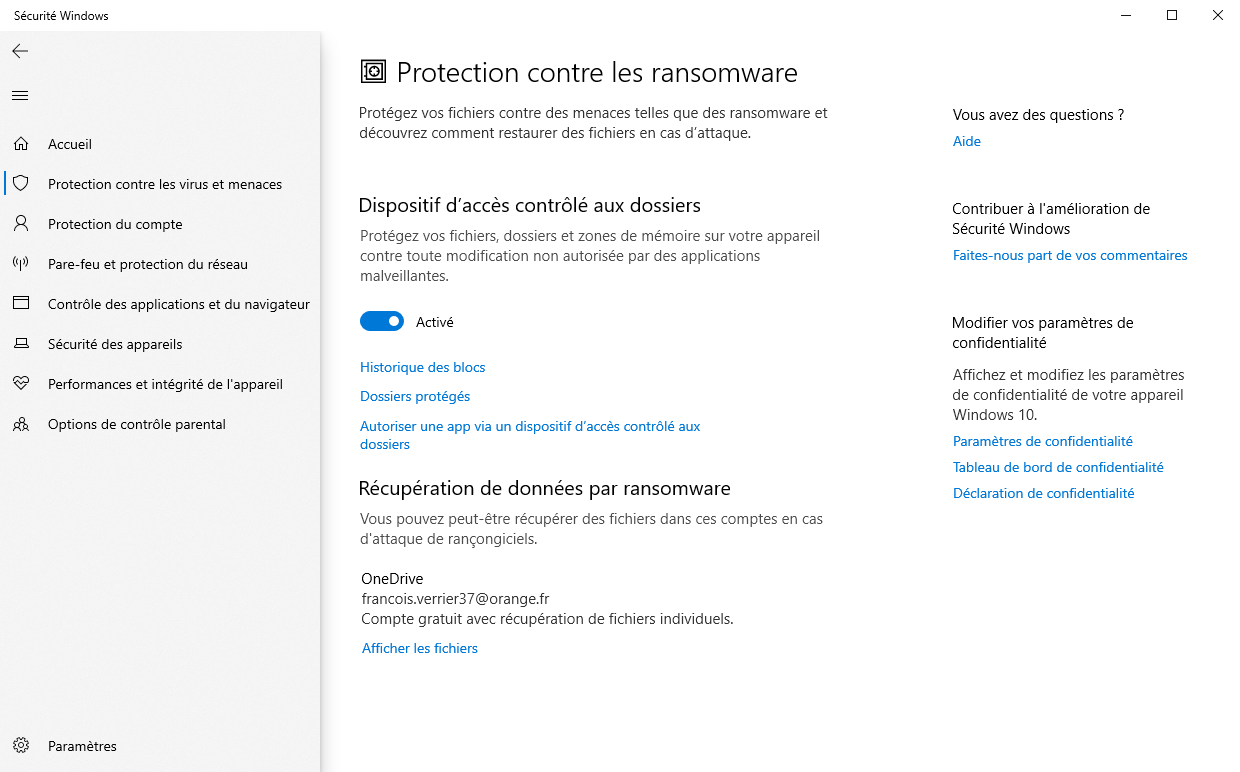 Protection anti-ransomware de Windows Defender