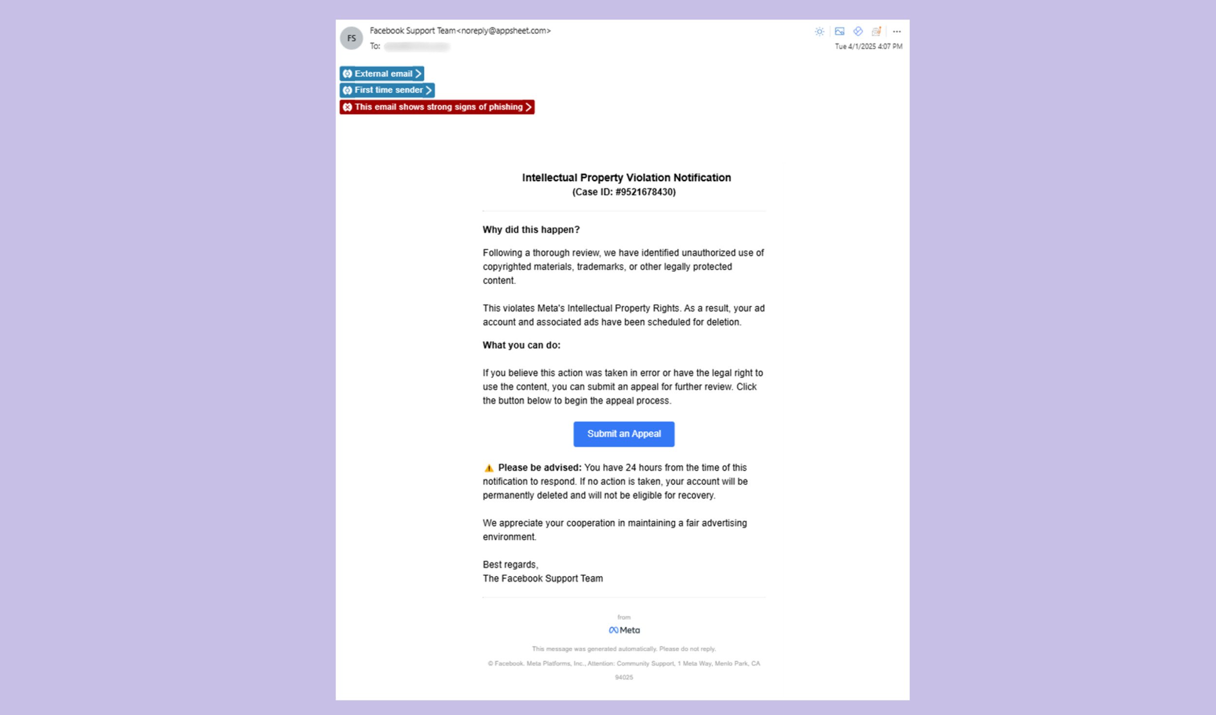 Capture d’écran d’un e-mail de phishing usurpant Meta, envoyé via AppSheet avec les bannières anti-phishing de KnowBe4 appliquées © KnowBe4