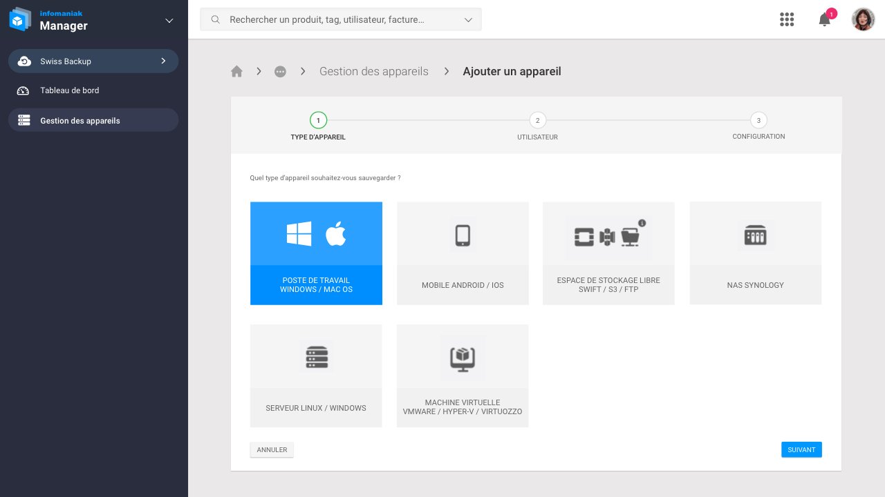 L'interface de Swiss Backup permet d'ajouter et de configurer facilement divers appareils pour la sauvegarde. © Infomaniak