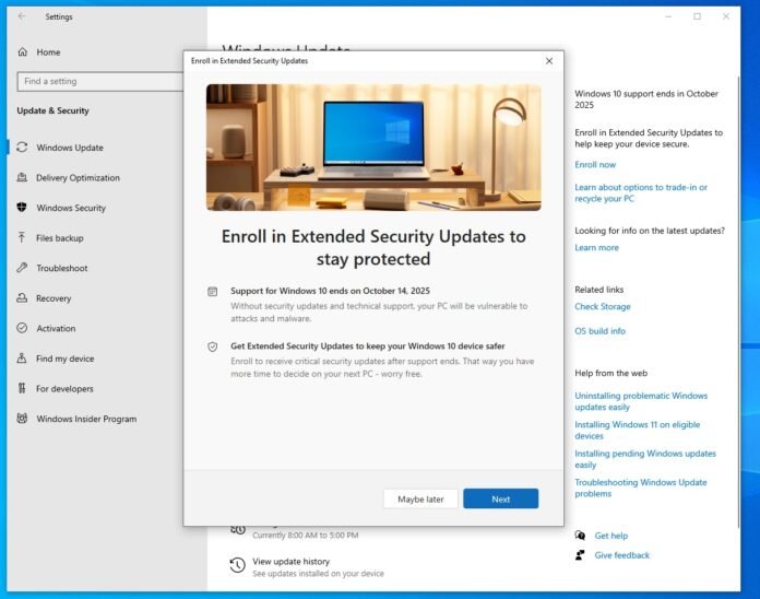 Certains membres du programme Insider peuvent d'ores et déjà souscrire au programme ESU gratuit pour Windows 10. © Windows Latest