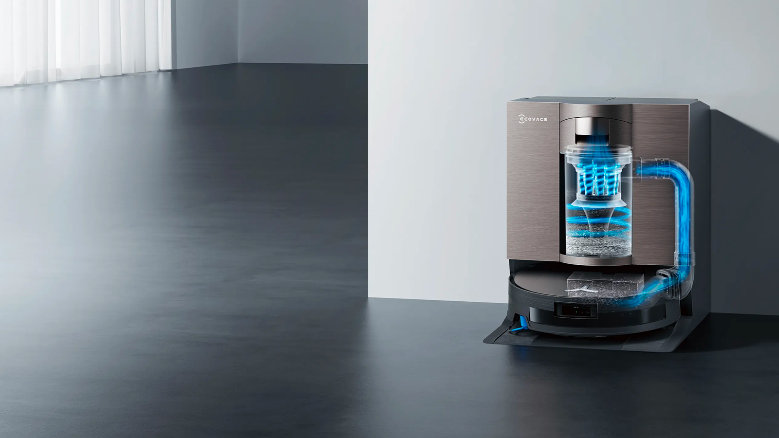 Grâce à sa technologie PowerBoost, le Deebot X11 OmniCyclone recharge partiellement sa batterie pendant le lavage, pour enchaîner les sessions de nettoyage jusqu’à 1 000 m² sans faiblir ©Ecovas