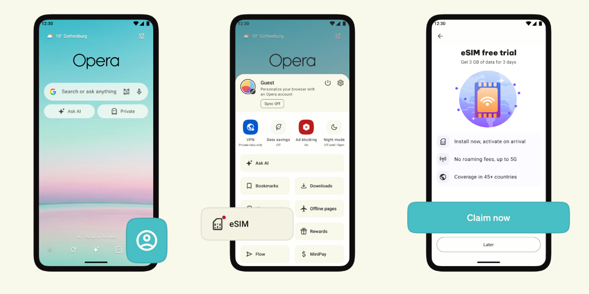 Après un VPN, la navigateur Opera intègre carrément une eSIM sur Android avec 3Go gratuits