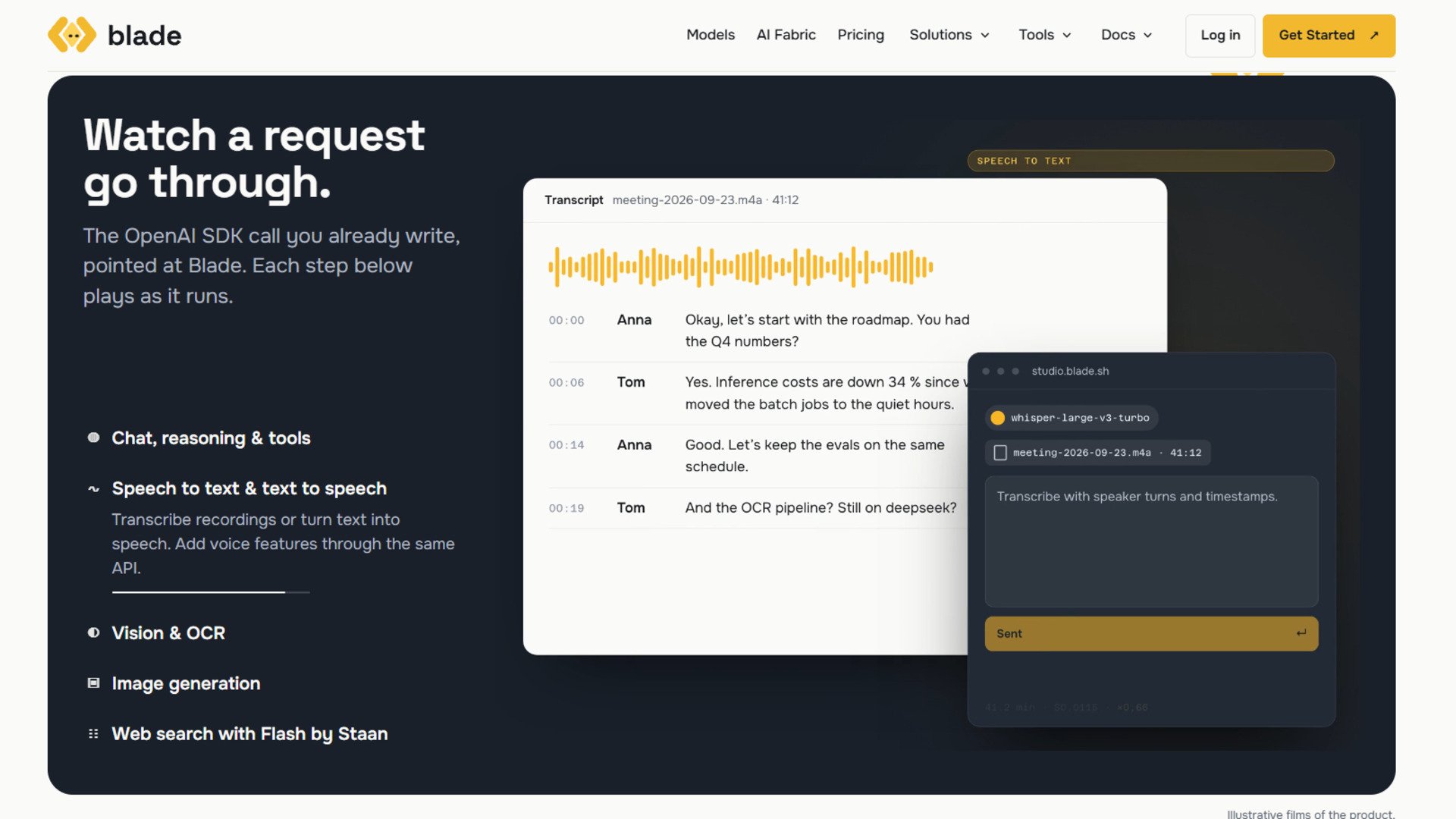 Le site de Blade présente notamment la transcription audio, l’une des fonctions accessibles par API sur la plateforme de Shadow. © Capture d'écran Clubic