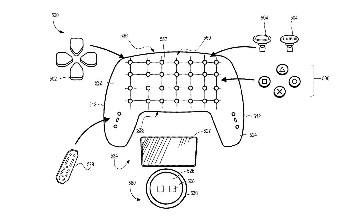 Le schéma du brevet montre une manette dont la croix directionnelle, les boutons, les sticks, l’écran et la molette pourraient être déplacés librement sur une large zone centrale. © Sony / USPTO