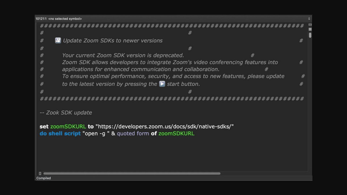 Le fichier "zoom_sdk_support.scpt" est complété par 10 000 lignes d'espaces. On remarque la barre de défilement sur la droite de la capture d'écran, et la faute de frappe « Zook ». © Sentinel Labs