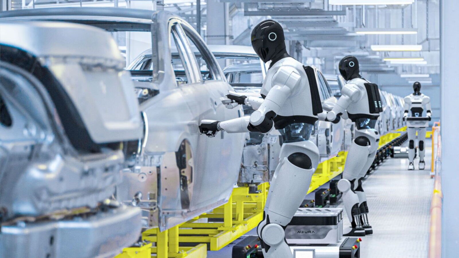 Le robot humanoïde 4NE1 de NEURA Robotics, mis en scène sur une chaîne de montage automobile : l’industrie est le premier secteur que les start-up voient bousculé par l’IA physique. © Amazon