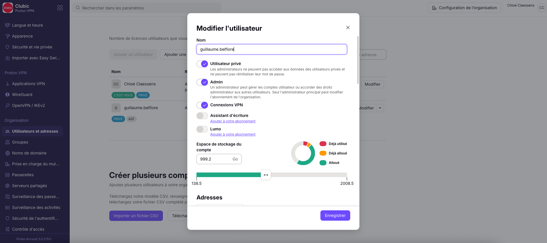 Proton VPN for Business - La gestion des comptes permet d'octroyer des droits aux membres de l'équipes, ou de leur en retirer. © Clubic