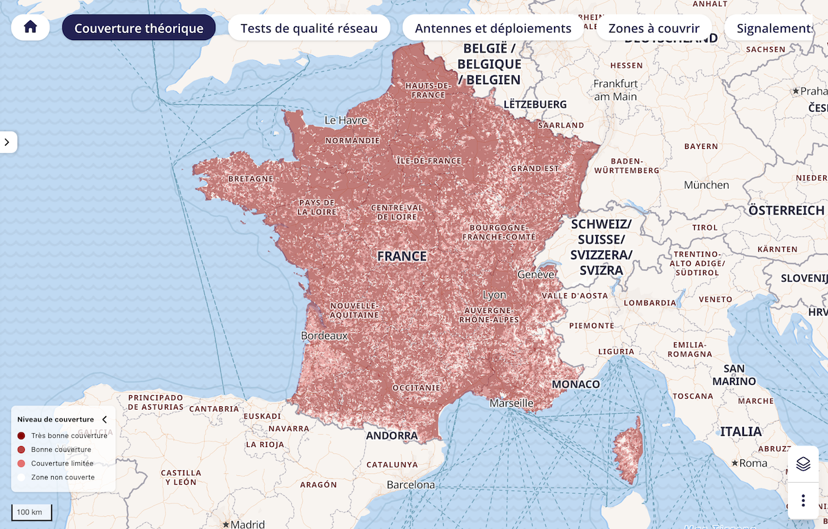 Couverture 4G théorique de RED by SFR