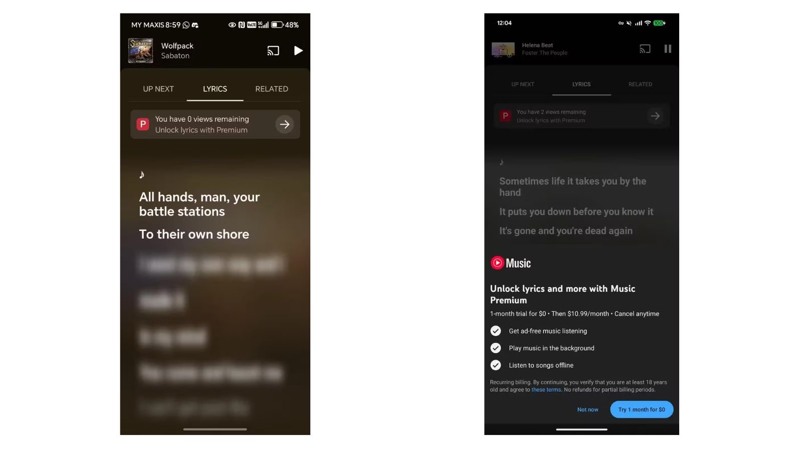 Les paroles floutées dans YouTube Music. ©Google/Youtube Music