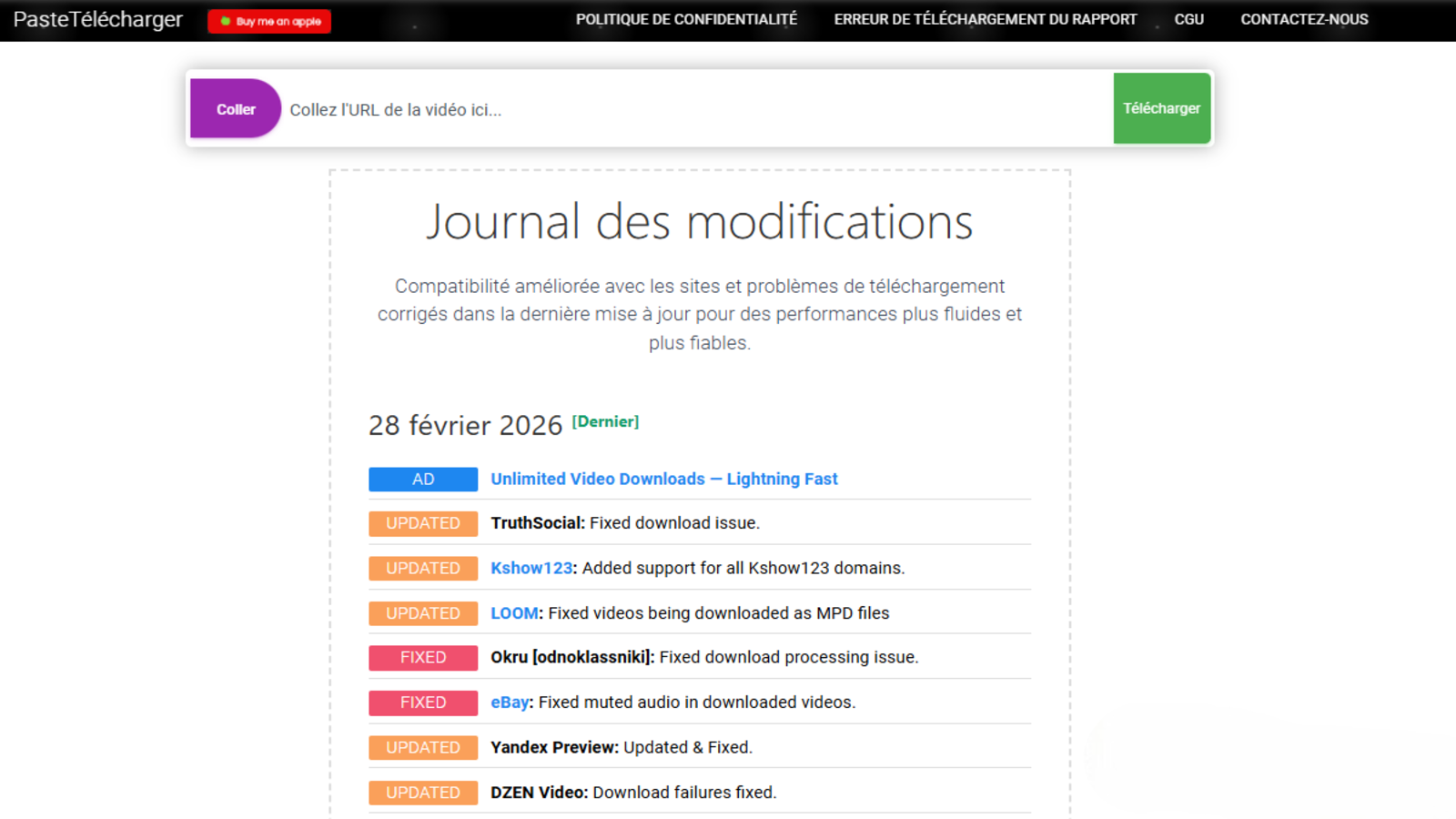 PasteDownload met à disposition un champ pour coller un lien vidéo et lancer le téléchargement. La page montre aussi le journal des modifications qui résume les évolutions récentes du site. © Pastedownload.com