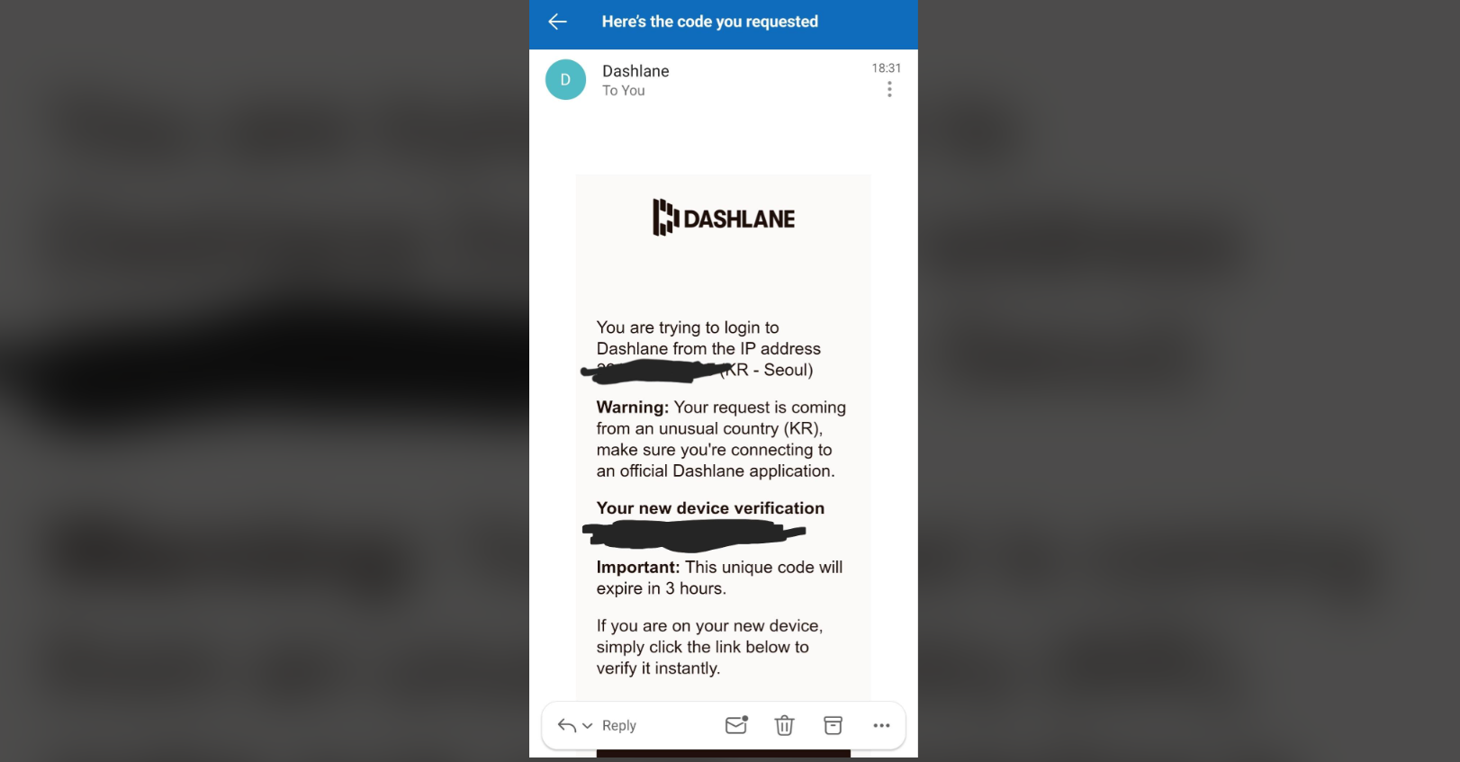 Les utilisateurs et utilisatrices ciblés par les tentatives de connexions suspectes ont reçus des mails de vérification avant de voir leur compte suspendu par Dashlane. © PrisonPing via Reddit