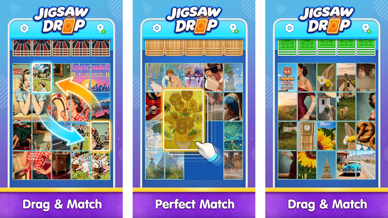Un puzzle, des pièces à associer et une image à reconstituer. Jigsaw Drop revisite le principe du puzzle avec un système de glisser-déposer qui rend chaque partie simple à prendre en main. © Runyou Game