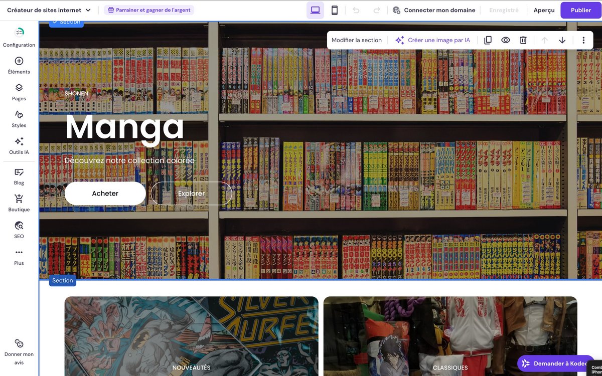 Créateur de sites web Hostinger - Édition d'une section de site. ©Hostinger
