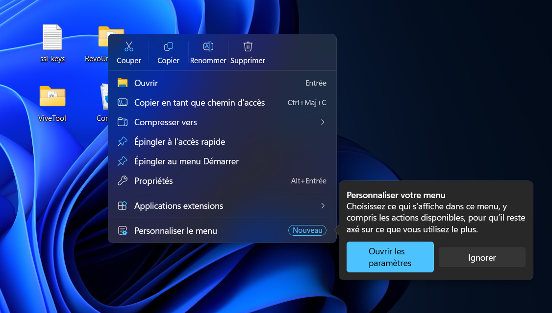 Windows 11 dispose enfin d'un menu contextuel personnalisable. © Clubic
