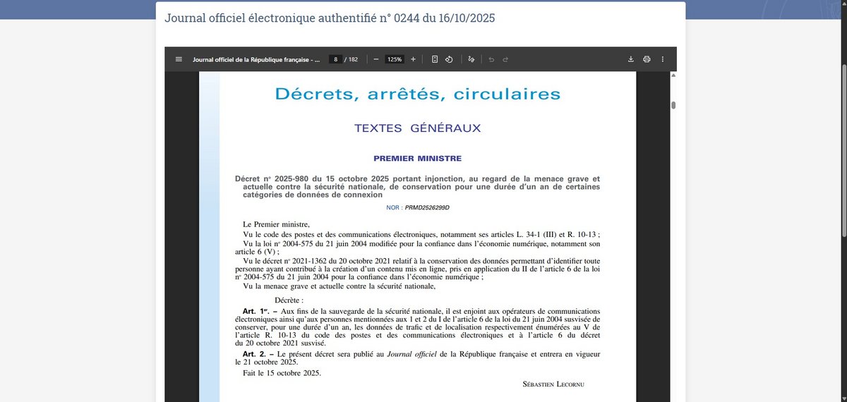 Le décret du 15 octobre 2025, signé par Sébastien Lecornu © Capture d'écran Clubic