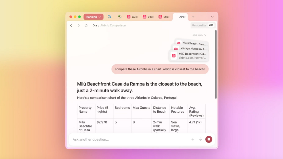Dia peut converser avec vous et contextualiser vos requêtes avec les onglets ouverts dans le navigateur. © The Browser Company