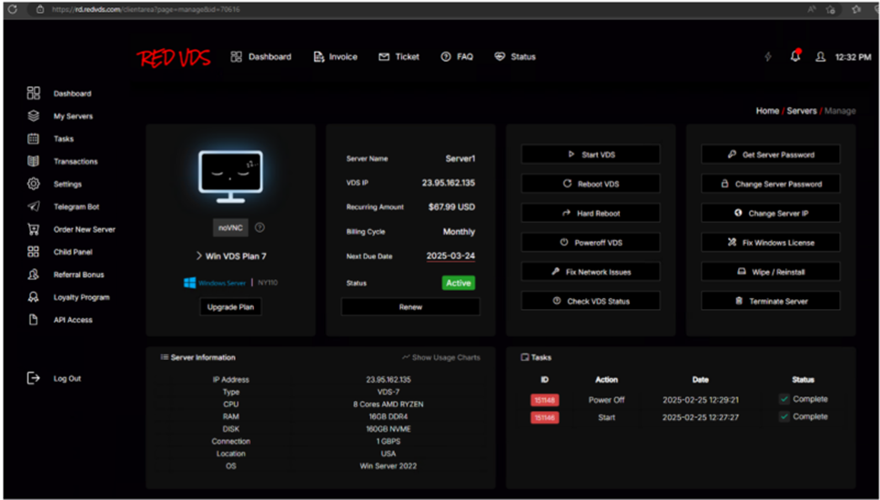 Le tableau de bord RedVDS, permettant de gérer en quelques clics des serveurs Windows jetables, de l’attribution d’IP à la réinstallation complète de la machine. © Microsoft