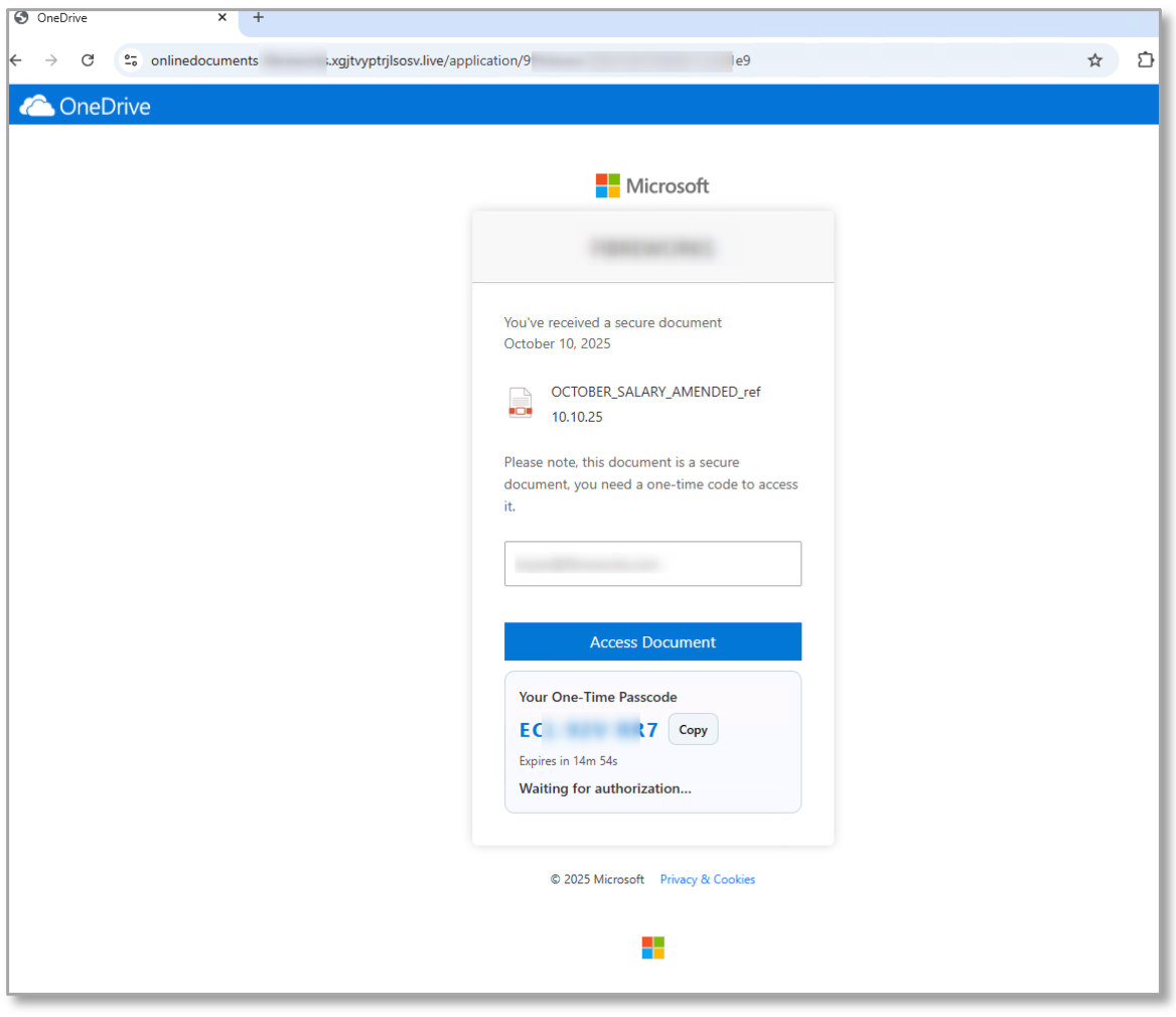 Sous couvert d’un document OneDrive « sécurisé », cette page pousse la victime à saisir un code présenté comme une étape de sécurité, ouvrant en réalité l’accès à son compte Microsoft 365. © Clubic