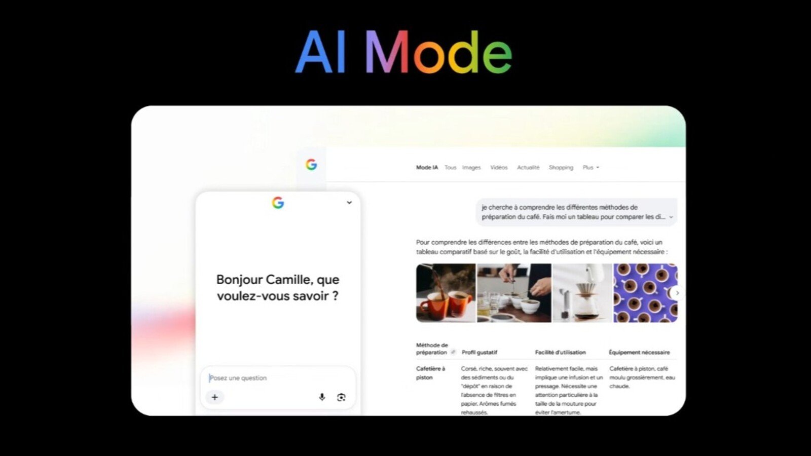 AI Mode propose une expérience de recherche conversationnelle, où l'utilisateur peut poser des questions complexes et obtenir des réponses structurées, comme ce tableau comparatif sur les méthodes de préparation du café. © Google / Clubic