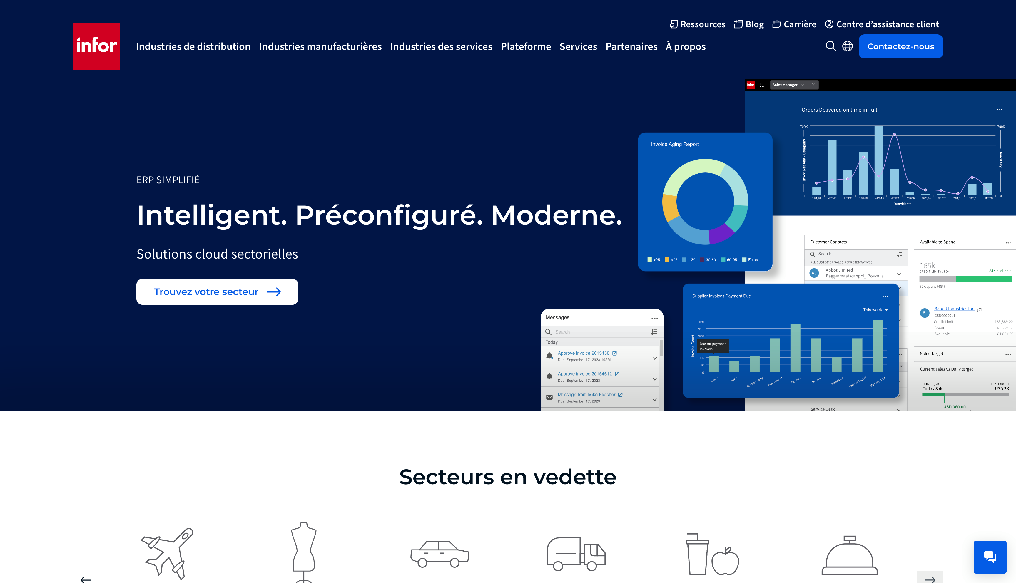 Interface utilisateur d'Infor ERP montrant des graphiques et des indicateurs clés de performance.