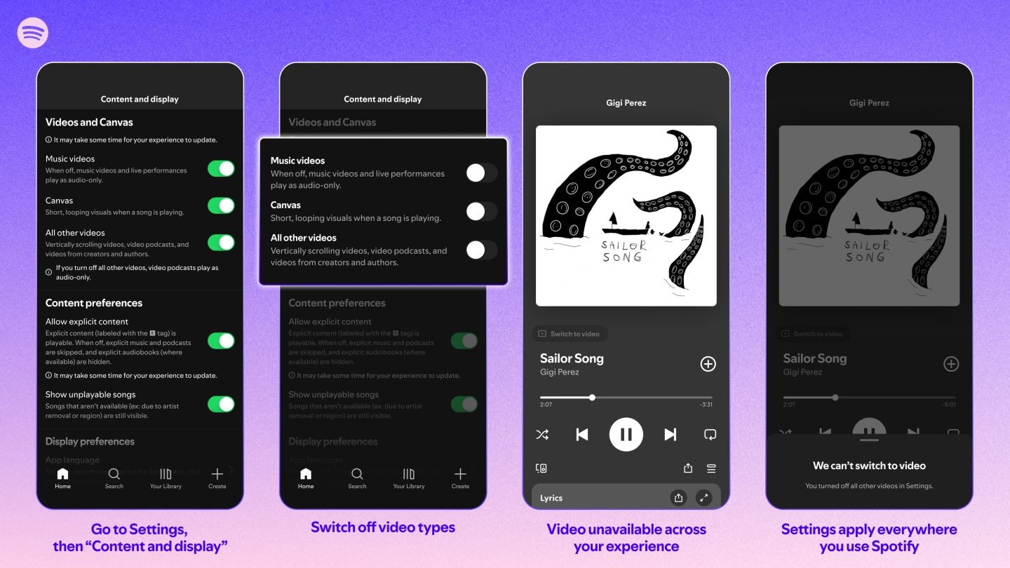 Spotify permet enfin de désactiver toute forme de vidéo sur sa plateforme. ©Spotify