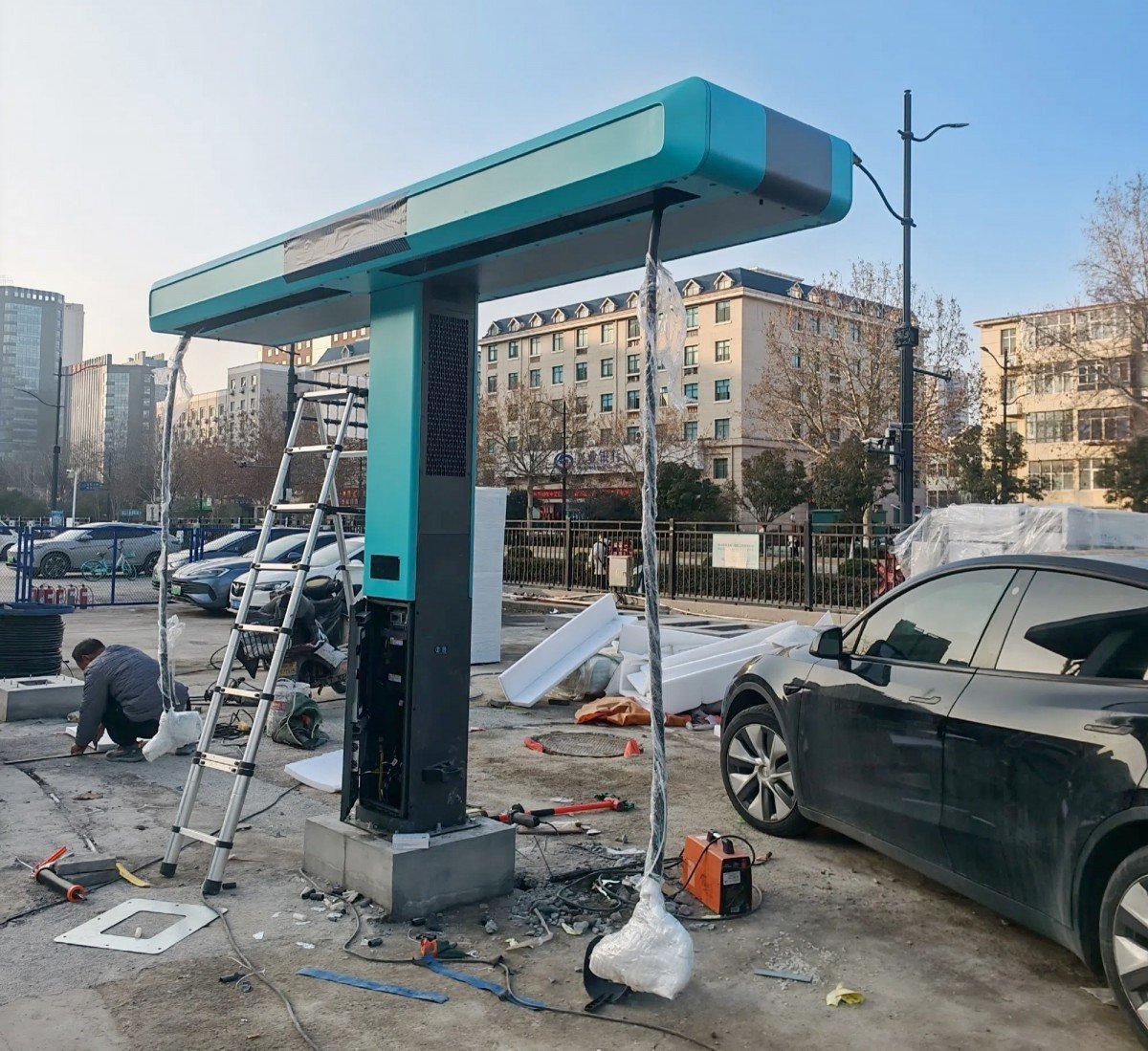 L'installation d'une station de charge "Flash Charging" en Chine. ©BYD