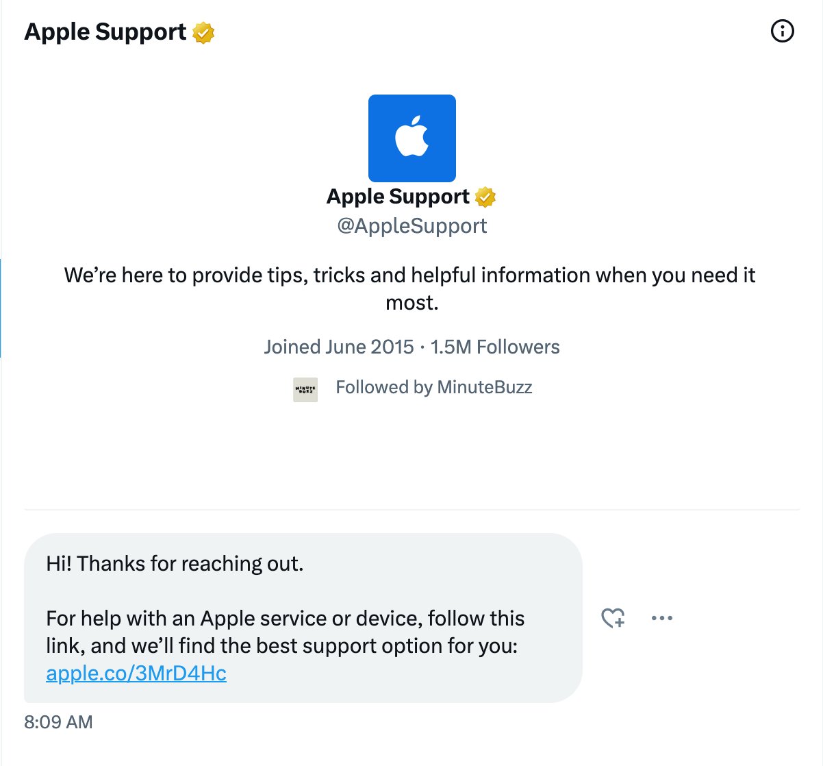 Le message automatique envoyé par Apple à tous ceux souhaitant la contacter en message privé sur X.com ©️ Apple Support / X.com