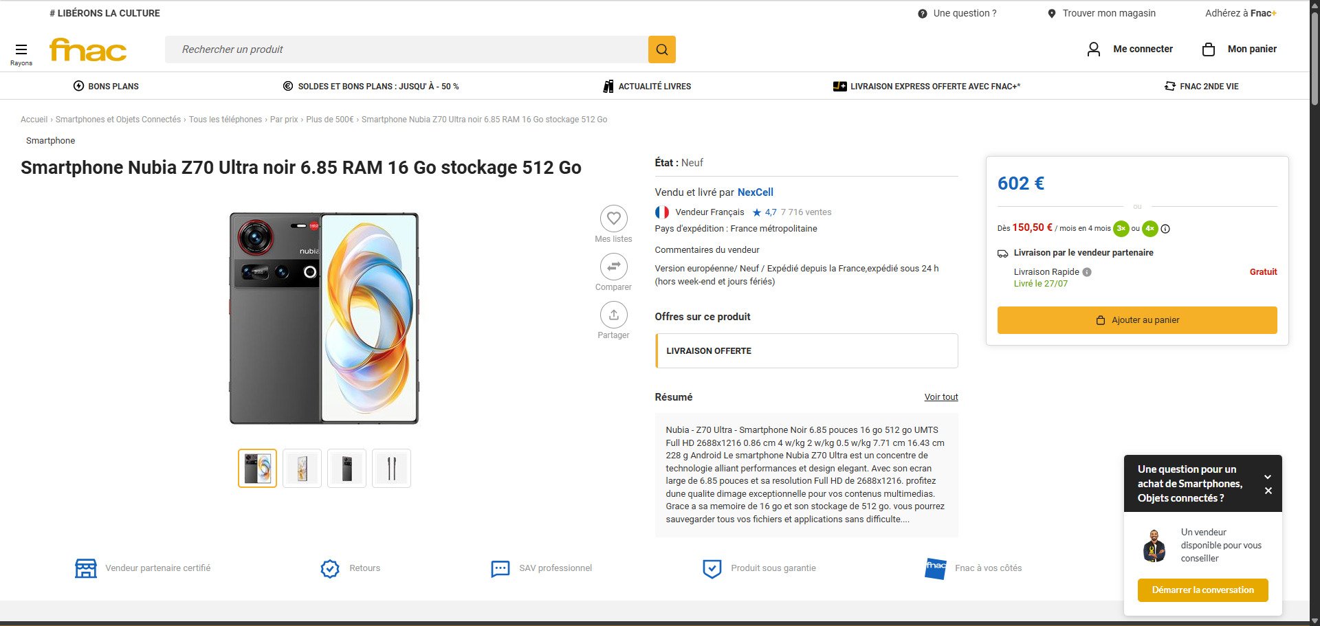 Aperçu du Nubia Z70 Ultra sur la marketplace de la Fnac. © Alexandre Boero / Clubic