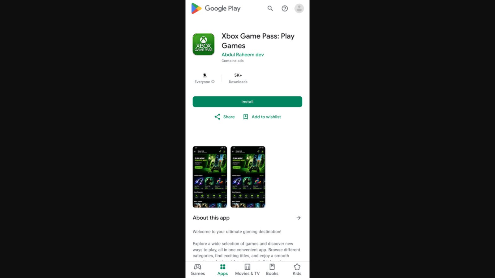 Une fausse appli Xbox Game Pass, téléchargée plus de 5 000 fois sur le Google Play Store © McAfee