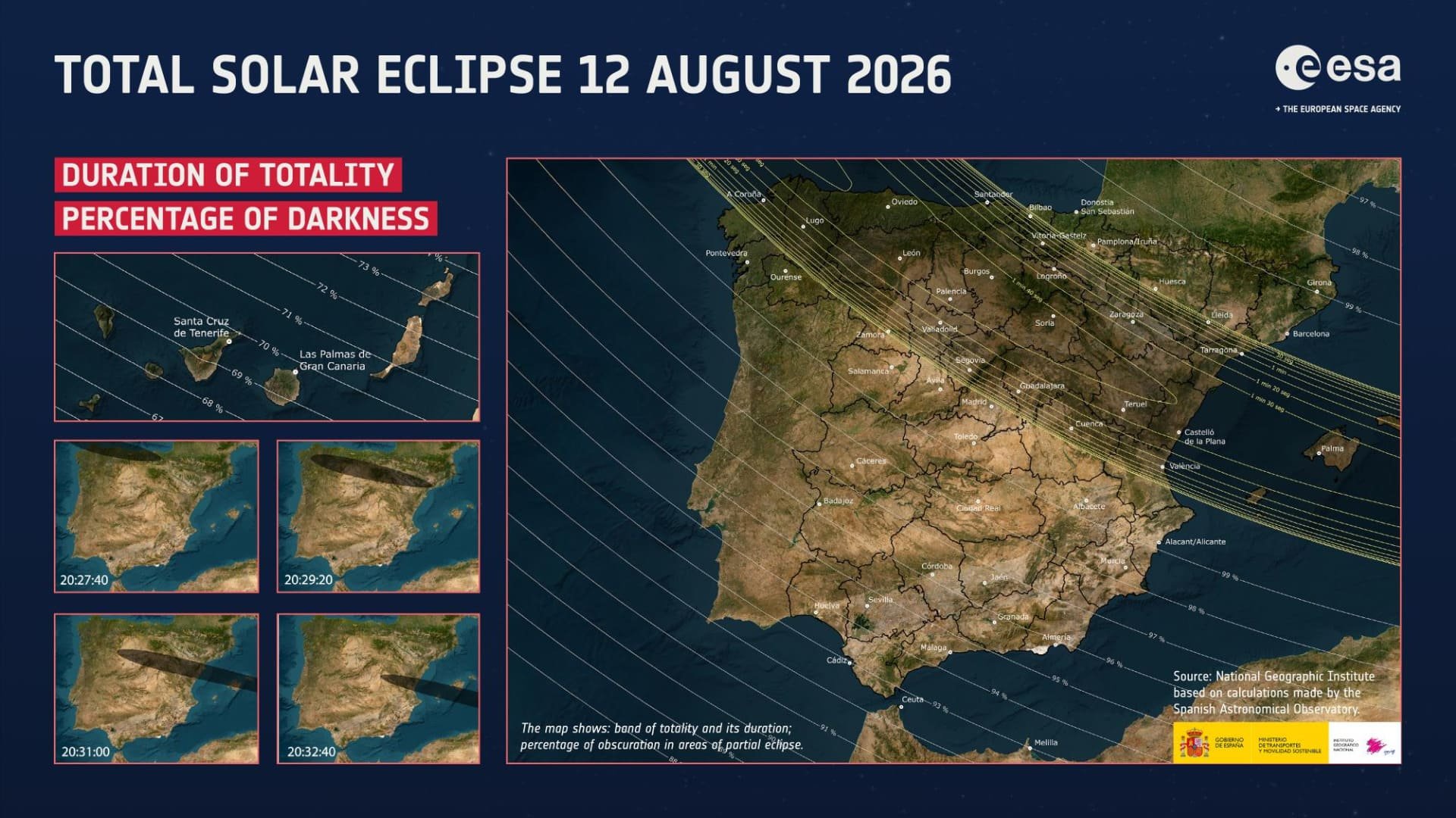 Zoom en Espagne sur l'éclipse solaire totale du 12 août 2026. © ESA