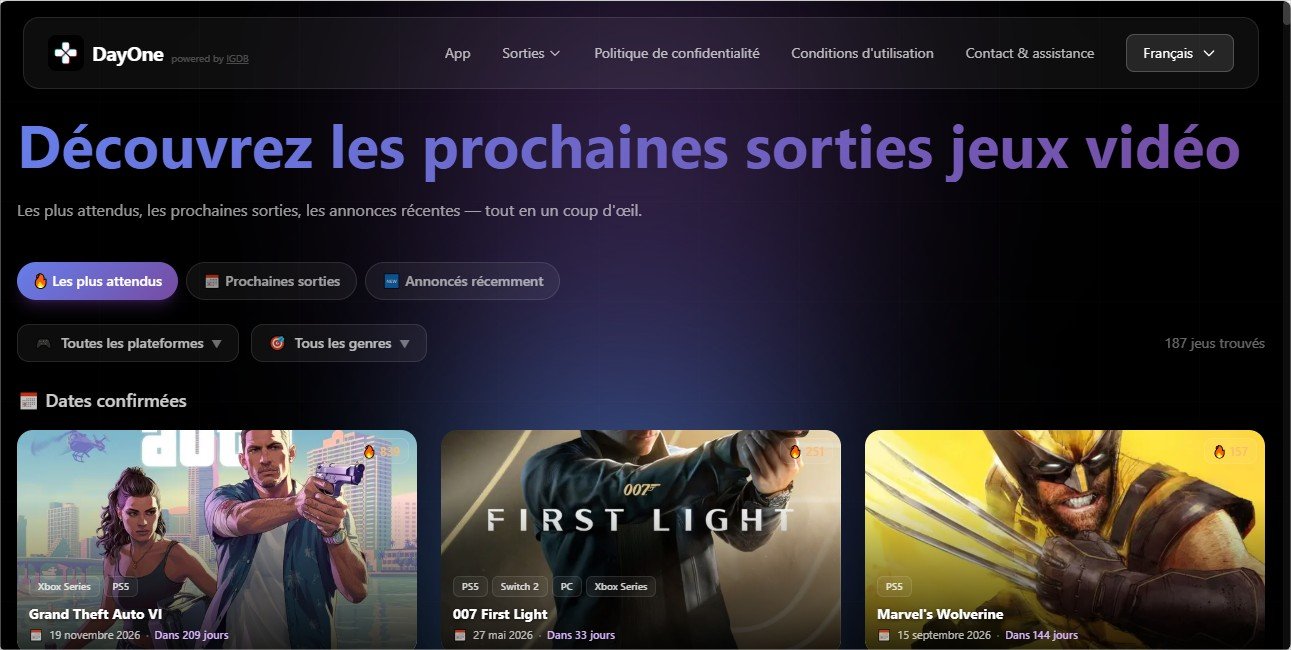 Interface de DayOne affichant les prochaines sorties de jeux vidéo avec filtres, dates et titres les plus attendus. © DayOne