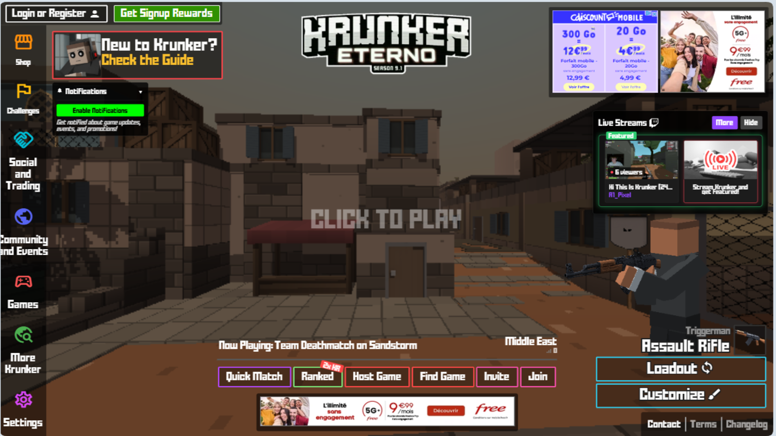 Krunker.io propose des parties rapides en ligne avec des modes variés, un système de matchmaking et des options de personnalisation accessibles directement depuis l’interface du jeu. © FRVR