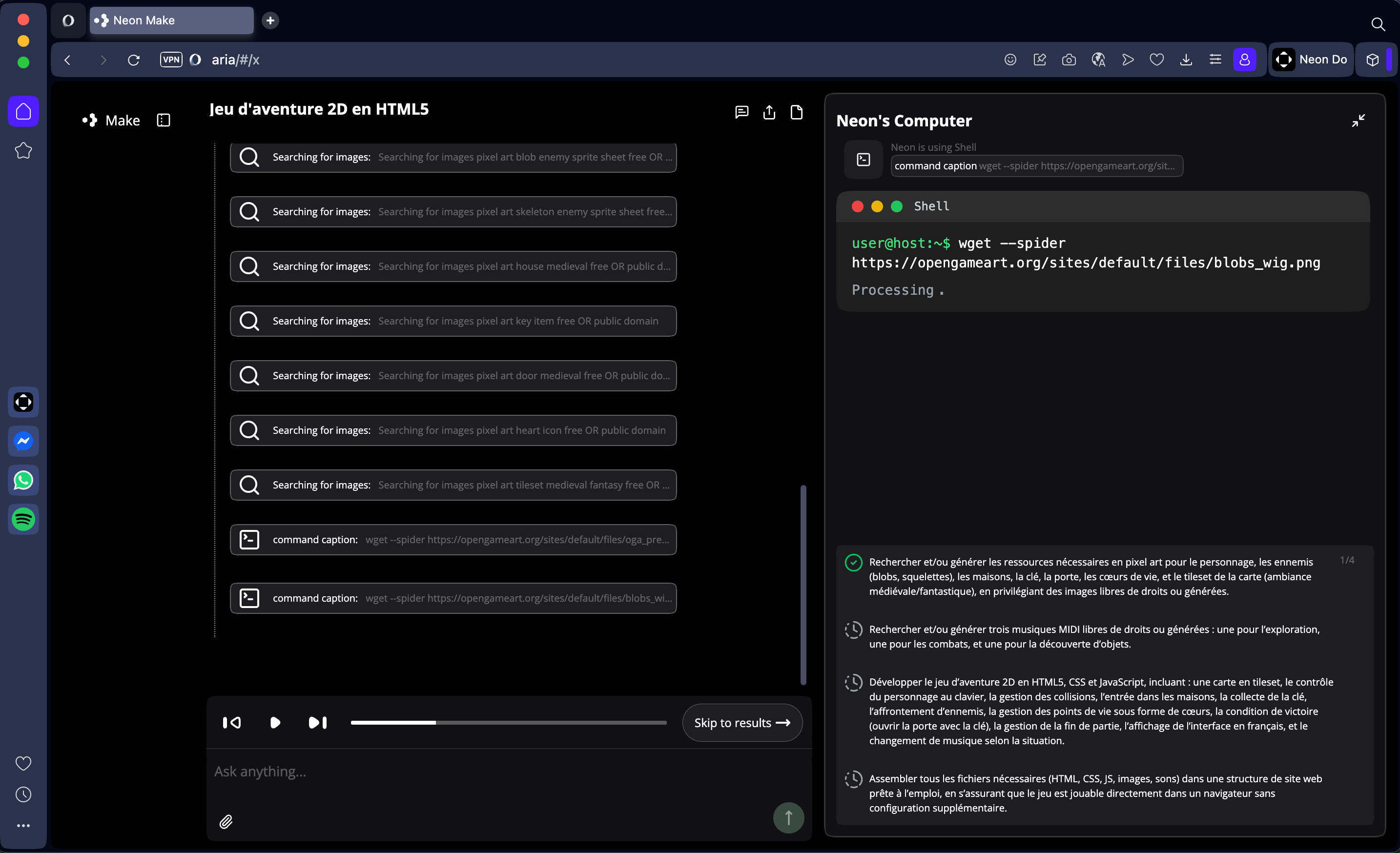 Dans le volet de droite, j’observe en détail les actions de Neon Make pour créer mon Zelda-like. Ici, il cherche à vérifier si l’image d'un blob est accessible sur OpenGameArt, avant d'essayer d ela télécharger. © Clubic