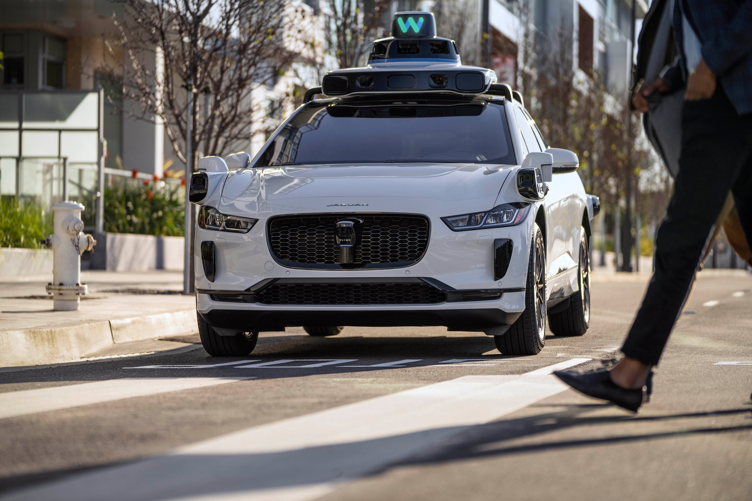 Un véhicule Waymo arrêté à un passage piéton. © Waymo