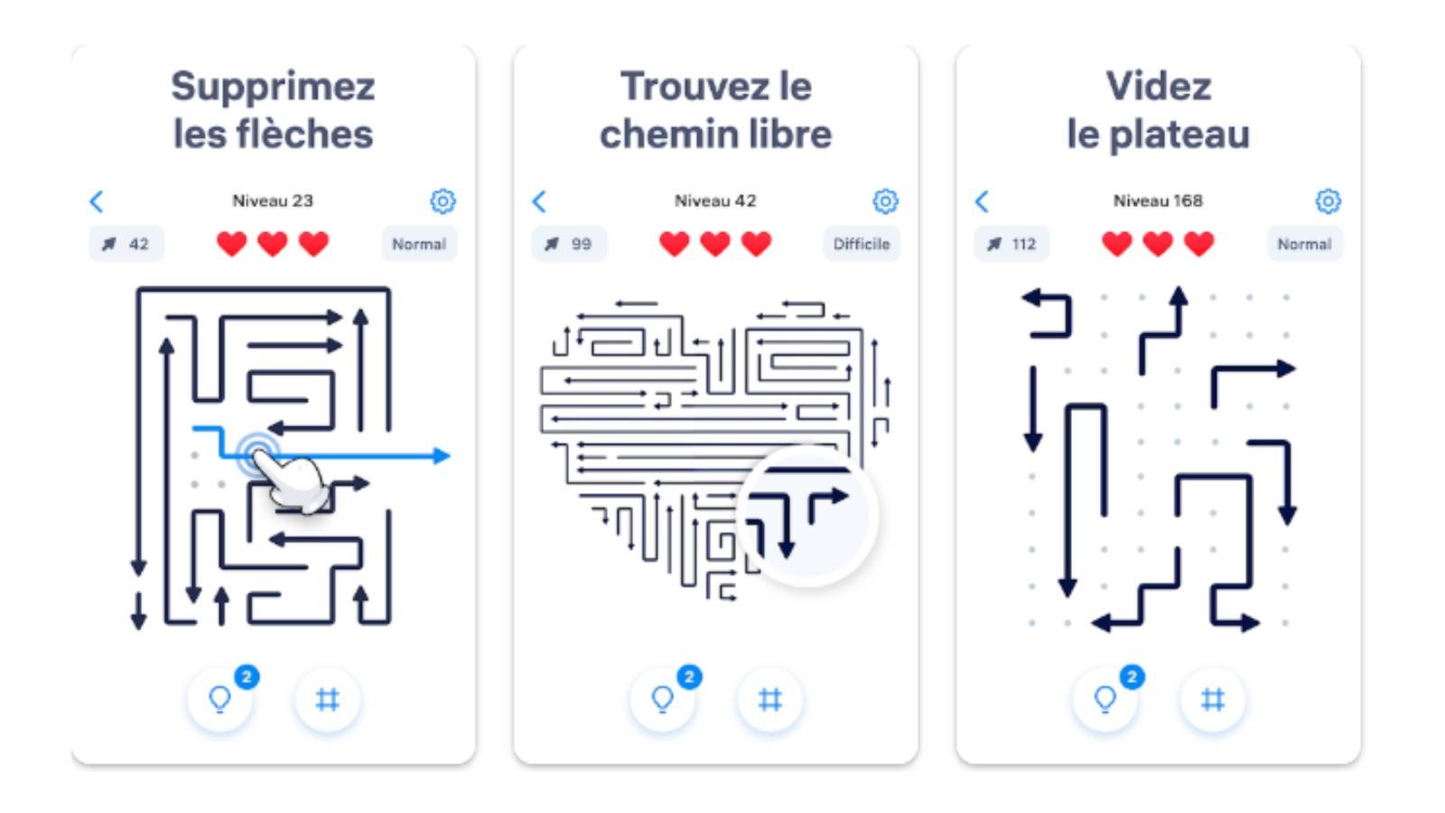 Arrow Puzzle est un jeu de réflexion signé Easybrain Ltd. Résolvez des puzzles de flèches, progressez à travers de nombreux niveaux et relevez des défis quotidiens. © Easybrain