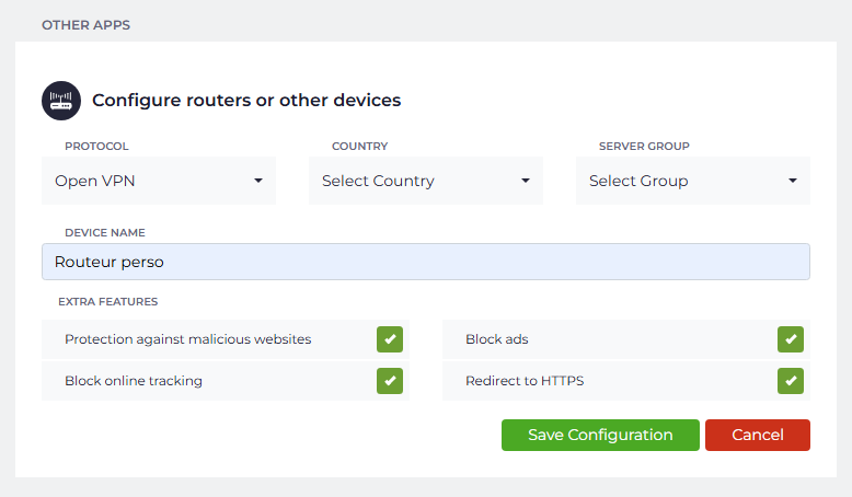 Exemple de configuration chez Cyberghost (accessible depuis la rubrique "VPN" > "Manual setup" de l'espace client en ligne).