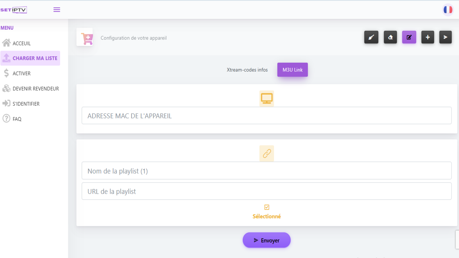 SET IPTV permet de charger une playlist M3U ou des informations Xtream Codes en associant le contenu à l’adresse MAC de l’appareil. Cette page sert surtout à configurer l’accès au service depuis un navigateur. © SETSYSTEME