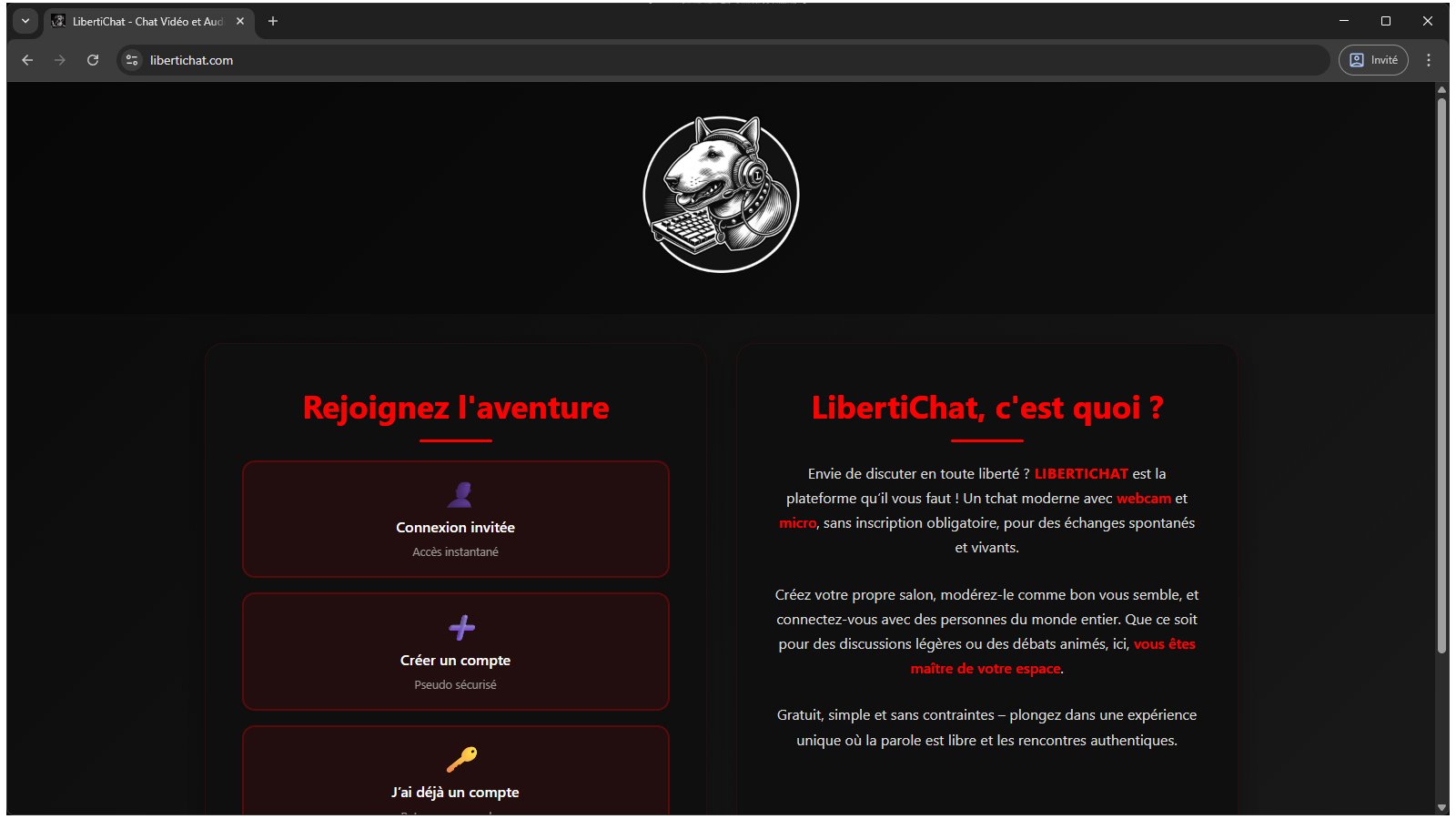 LibertiChat est une plateforme de discussion en ligne qui permet d’échanger par chat, micro ou webcam, avec ou sans création de compte. Les utilisateurs peuvent créer leurs propres salons, gérer la modération et discuter librement avec dautres personnes - © LibertiChat