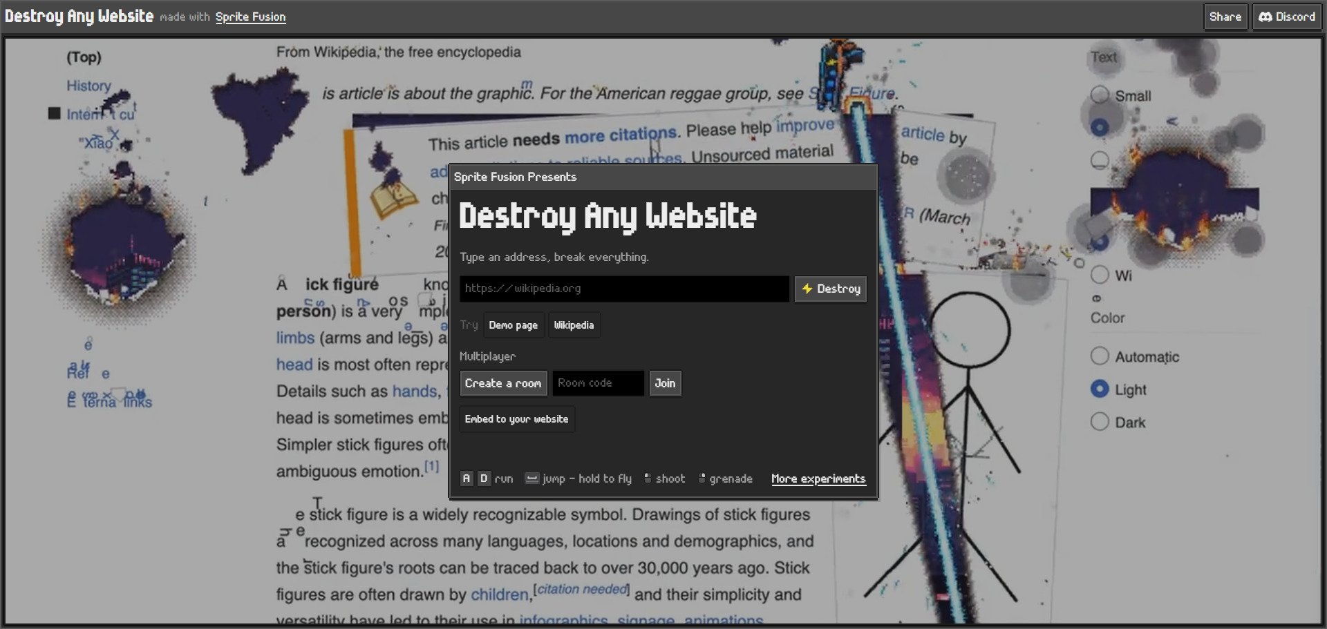Depuis l'écran d'accueil, on choisit le site à démolir, on rejoint une partie multijoueur avec un code, ou l'on récupère le badge à intégrer sur son propre site. © Capture d'écran Clubic / Destroy Any Website