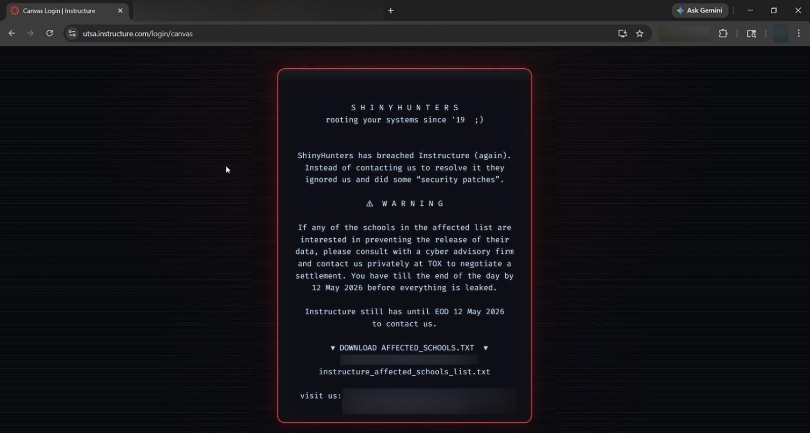 Les pages de connexion de Harvard, Princeton, Pennsylvania ou de l'Université de Melbourne redirigeaient toutes vers une note de rançon signée ShinyHunters - Capture d'écran ©Reddit / Clubic