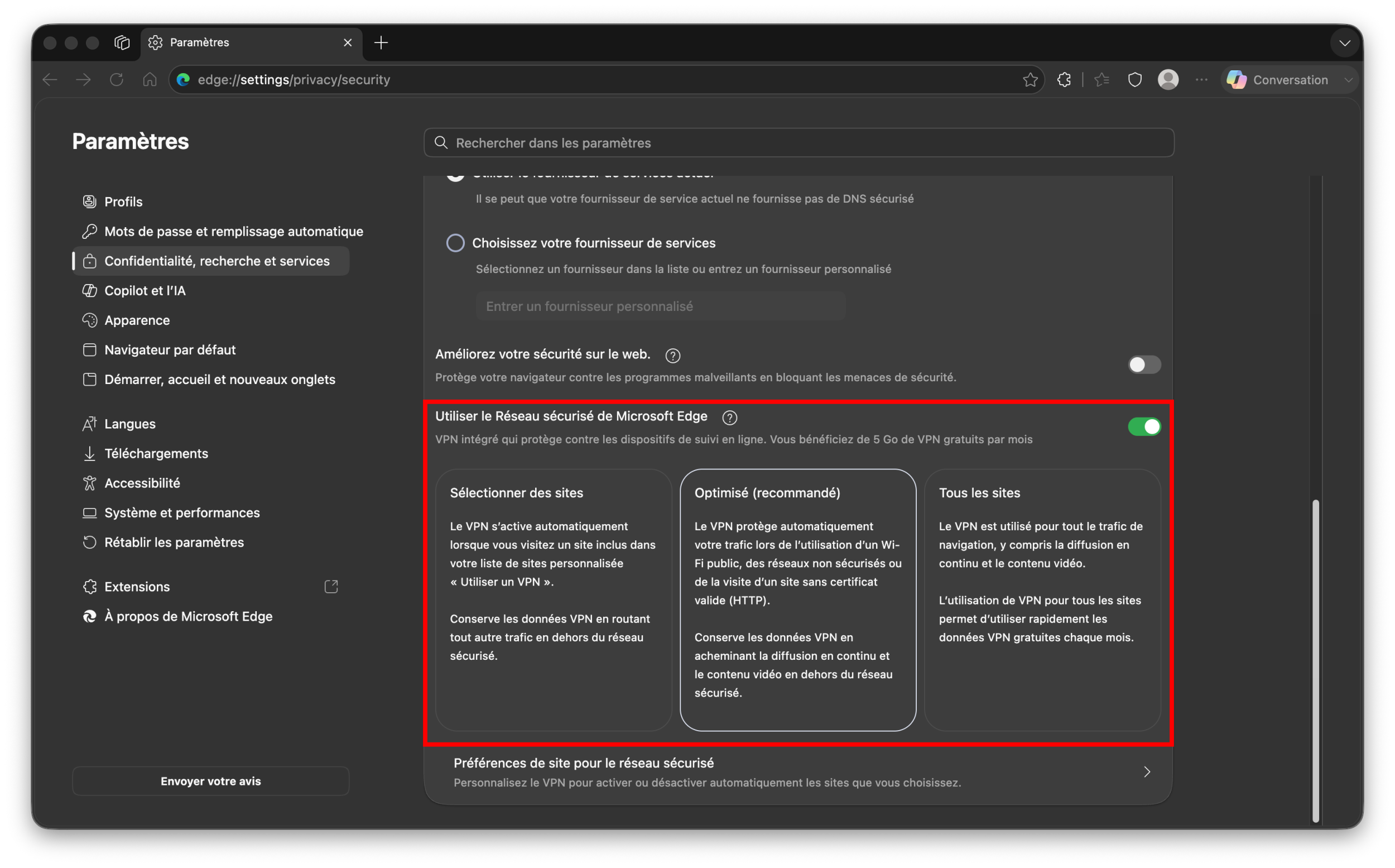 Par défaut, le VPN de Microsoft Edge est configuré sur le mode "Optimisé". © Clubic