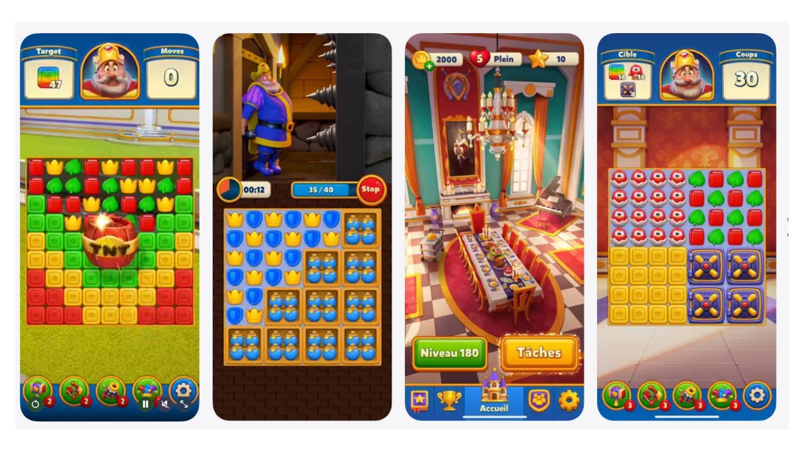 Royal Match est un jeu match-3 mobile. Vous enchaînez les niveaux, gagnez des pièces et débloquez du contenu dans des parties rapides et faciles à prendre en main. © Dream Games
