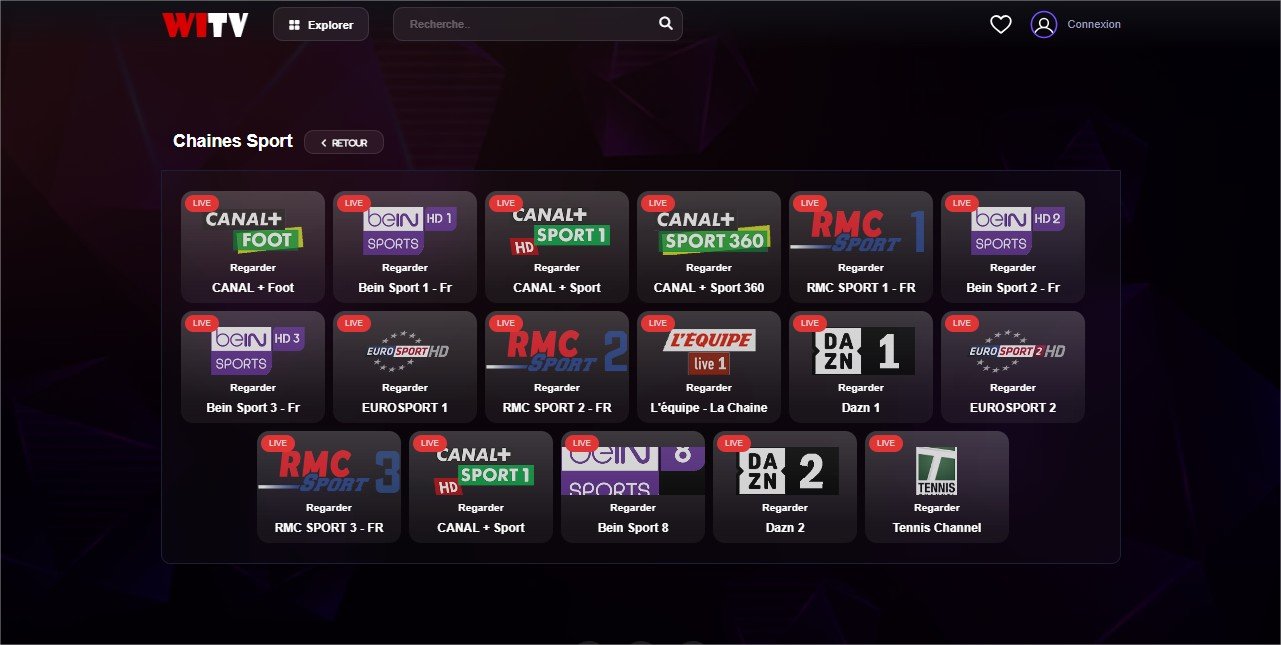 Sélection de chaînes sport accessibles en direct sur WiTv. - © WiTv