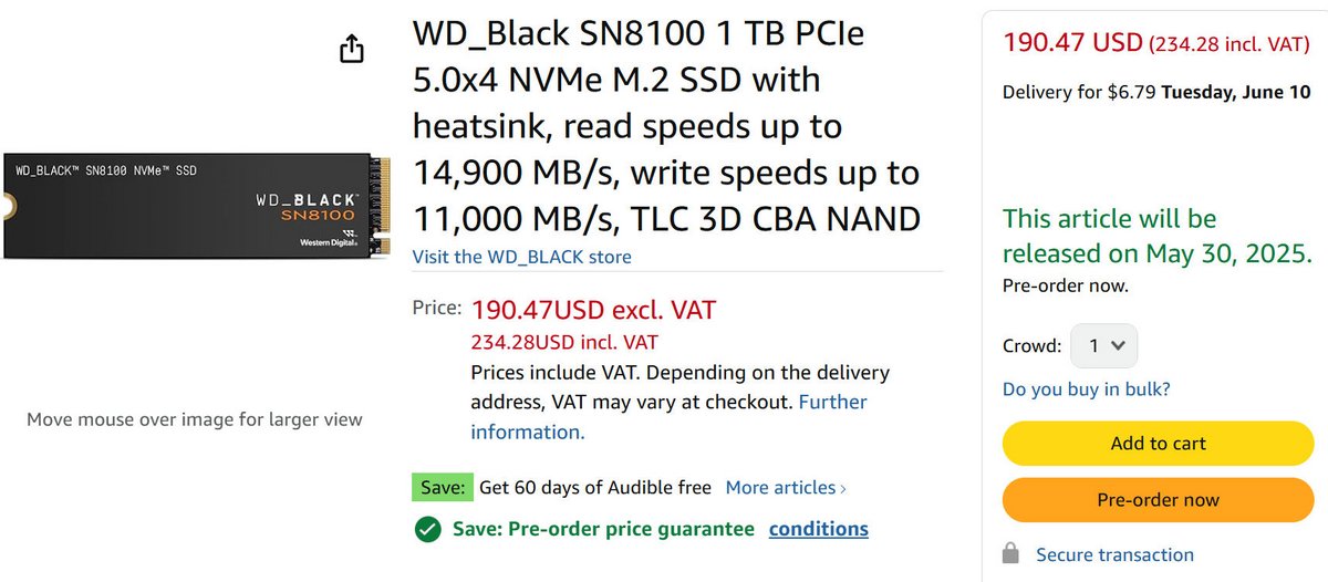 Déjà en vente sur Amazon, le SN8100 ne sera officiellement envoyé qu'à partir du 30 mai. ©Amazon
